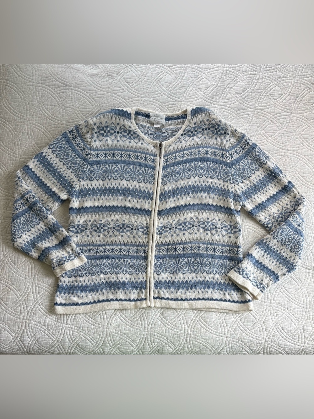 Hand Embroidered Fair Isle Zip-Front Vintage Sweater XL